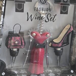 3 Piece Wine Set: Dress Cork Screw, Purse & High Heel Shoe Wine Bottle Stopper